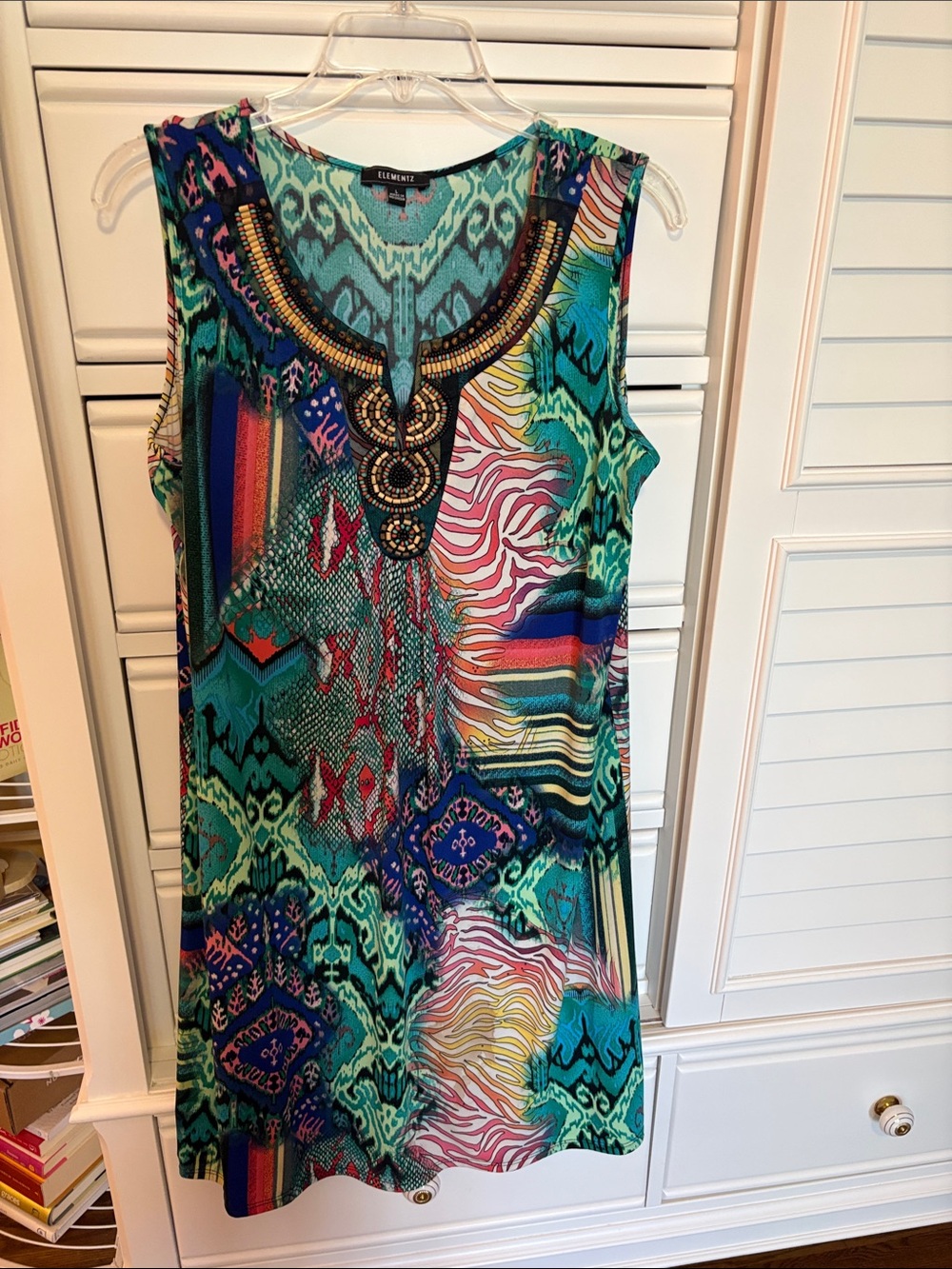 Elementz Teal Aqua Multicolor Beaded Print Shift Dress
